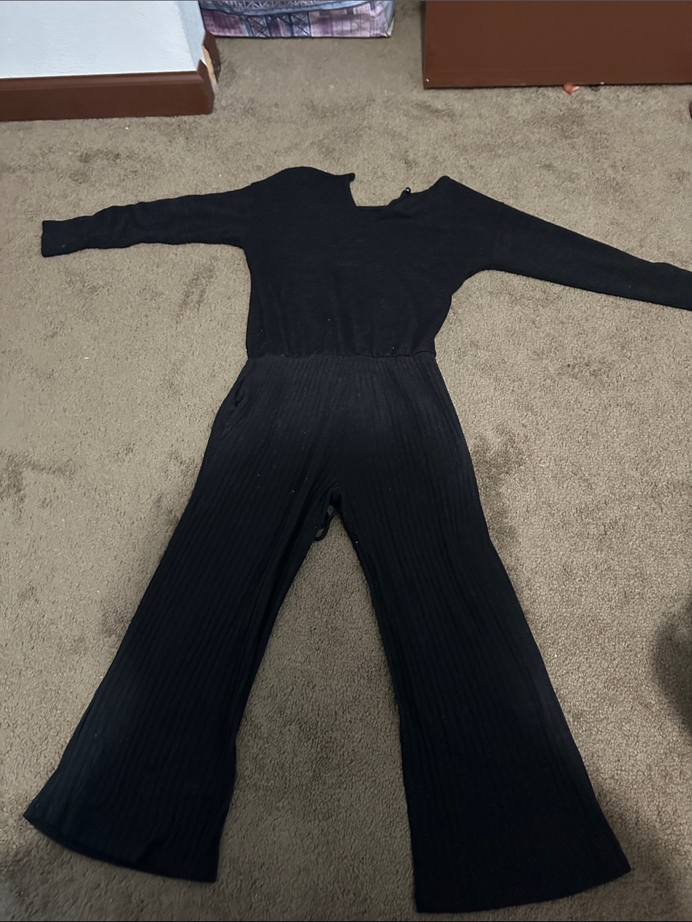 Black Ribbed Long-Sleeve Wide-Leg Jumpsuit